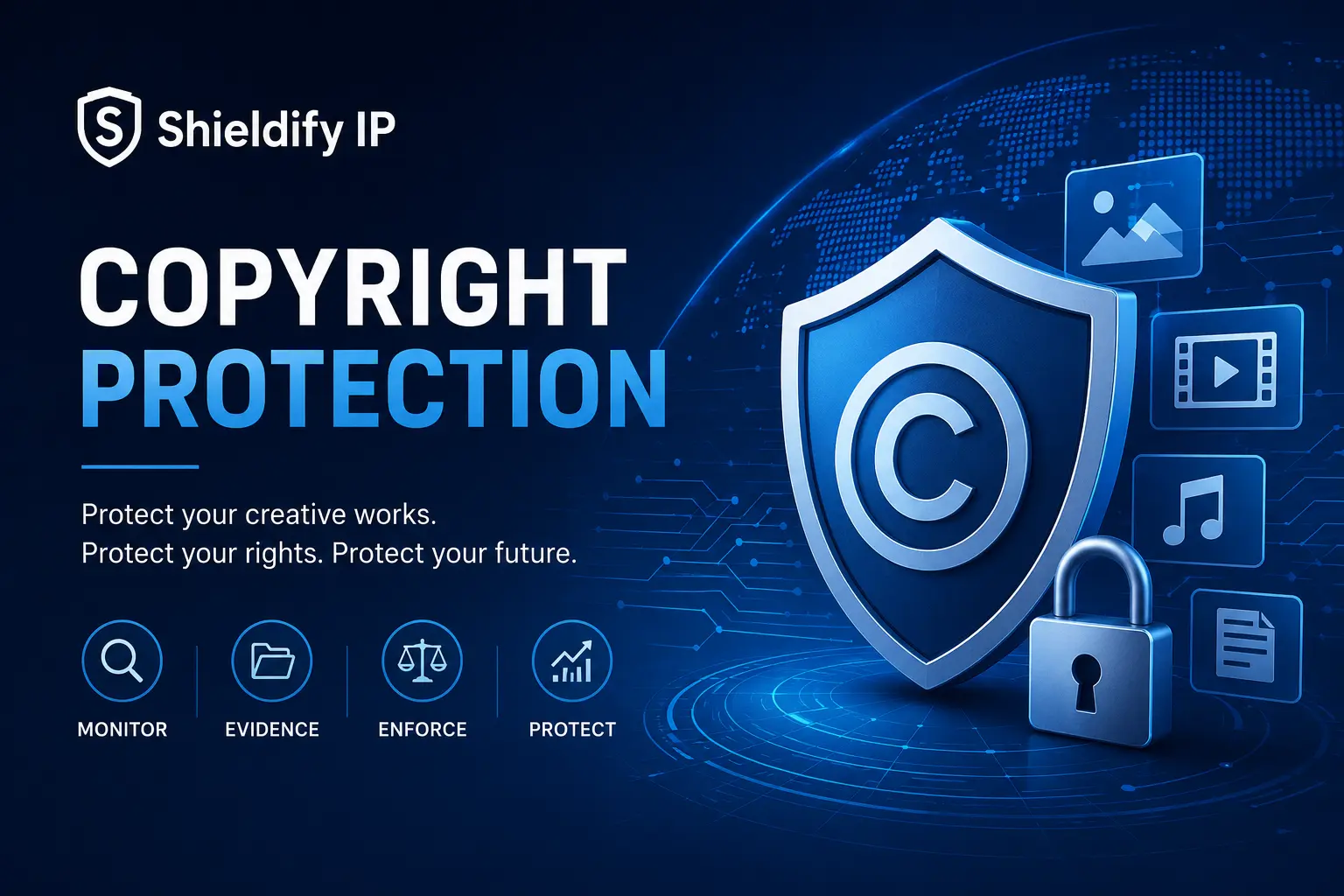 Shieldify IP copyright protection with digital shield, copyright symbol, and online content monitoring and enforcement.